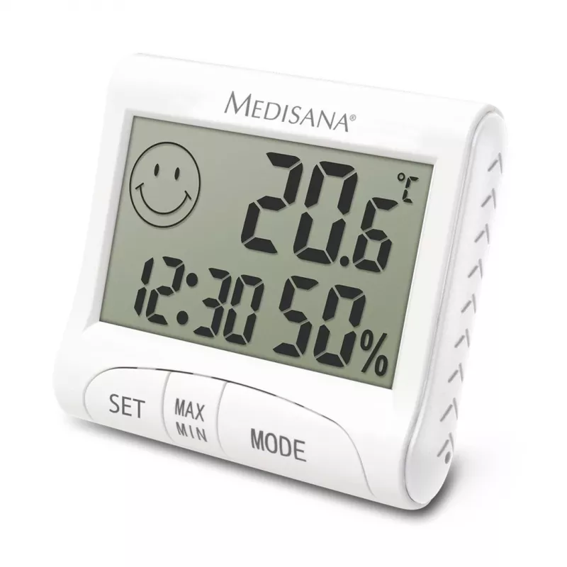 Elektronisks iekštelpu higrometrs Medisana HG 100 — digitāls termometrs, mitrums 20–90%, temp -10–50 °C, galda displejs, AAA baterija