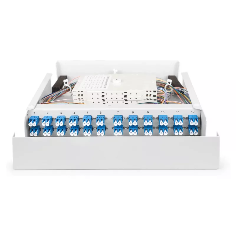 Optiskās šķiedras pie sienas stiprināms korpuss DIGITUS DN-96843M-OS2, vienmoda, samontēts, 24×LC DX adapteri ar pigteilēm, tērauds, pelēks, 320×54×280 mm