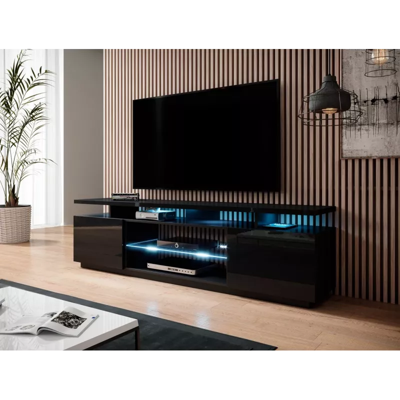 TV skapītis cama meble EVA 180x40x56 cm, melns spīdīgs, MDF virsma, melns rāmis