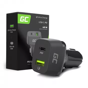 Automašīnas mobilās ierīces lādētājs zaļa Cell CAD33, 42 W, USB-C PD + USB-A QC3.0, 12/24 V ieeja, 5–12 V izeja