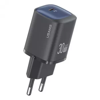 usams 30W GaN USB-C ātrais lādētājs USA001446 — 30W USB-C PD pārnēsājams sienas lādētājs, melns