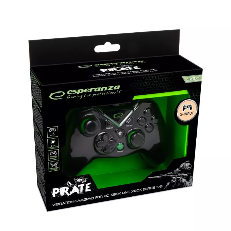 Spēļu kontrolieris Esperanza EGG114K, vadu, USB 2.0, melns — 12 pogas, 2 kursorsviras, vibrācija, priekš PC un Xbox Series X/S/One