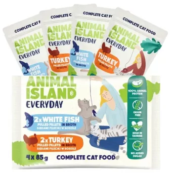 Slapjā kaķu barība animal island Everyday tītara un baltās zivs filejas buljonā 4×85 g paciņa (4×85 g)
