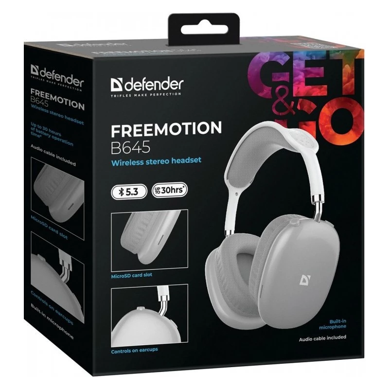 Bezvadu austiņas uz galvas DEFENDER EEMOTION B645 — binaurālas, USB-C, AUX, 20–20 000 Hz, 105 dB jutība