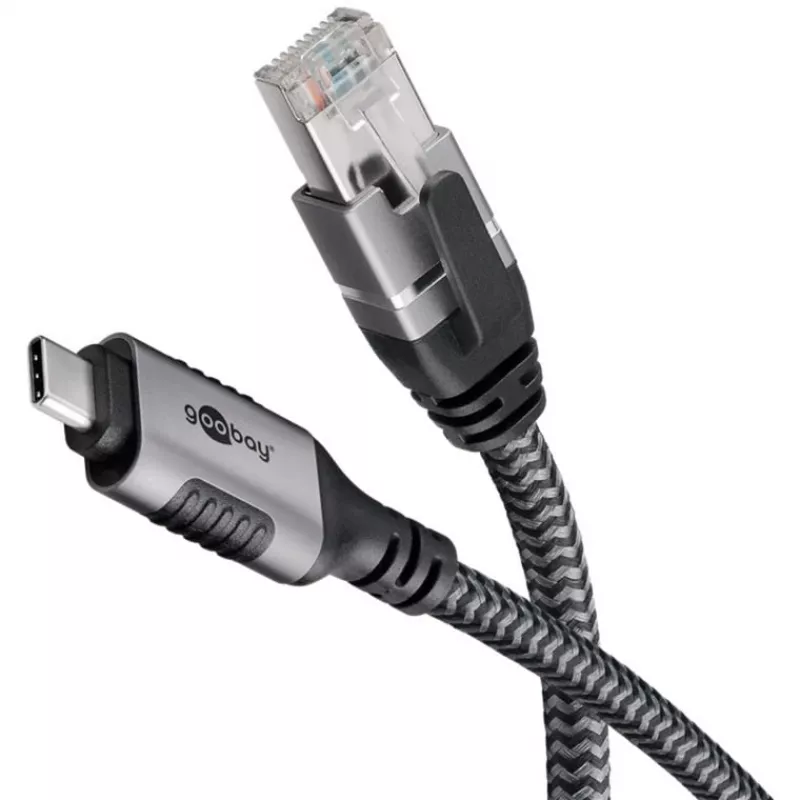 Ethernet kabelis USB-C 3.2 Gen2 spraudnis > RJ-45 spraudnis (melns/sudraba, 5 metri, pīts tekstila apvalks)