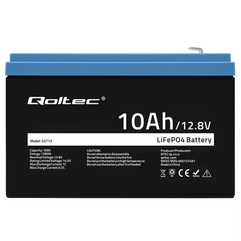 Uzlādējama LiFePO4 baterija QOLTEC 10Ah 12.8V 128Wh ar integrētu BMS
