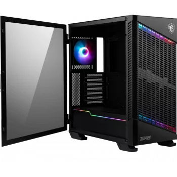 MSI MPG VELOX 100P AIRFLOW Vidēja torņa spēļu datora korpuss ‘Melns, 3x 120 mm ventilators + 1x 120 mm ARGB ventilators, ARGB gaismas josla, USB Type-C, 1x rūdīts stikls, Centrs, E-ATX, ATX, mATX, mini-ITX’