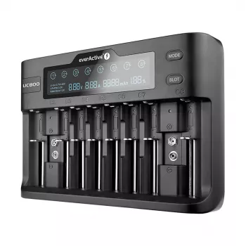 Baterijas lādētājs everActive UC-800 AC 12V 3A — LiFePO4/LiPo/NiMH, atbalsta AA/AAA/9V, līdz 10 baterijām, 12 V ieeja, iebūvēts displejs, melns