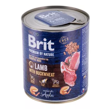 Mitrā suņu barība Brit Premium by Nature ar jēru un griķiem 800 g, bez graudiem, pieaugušiem suņiem, kanna