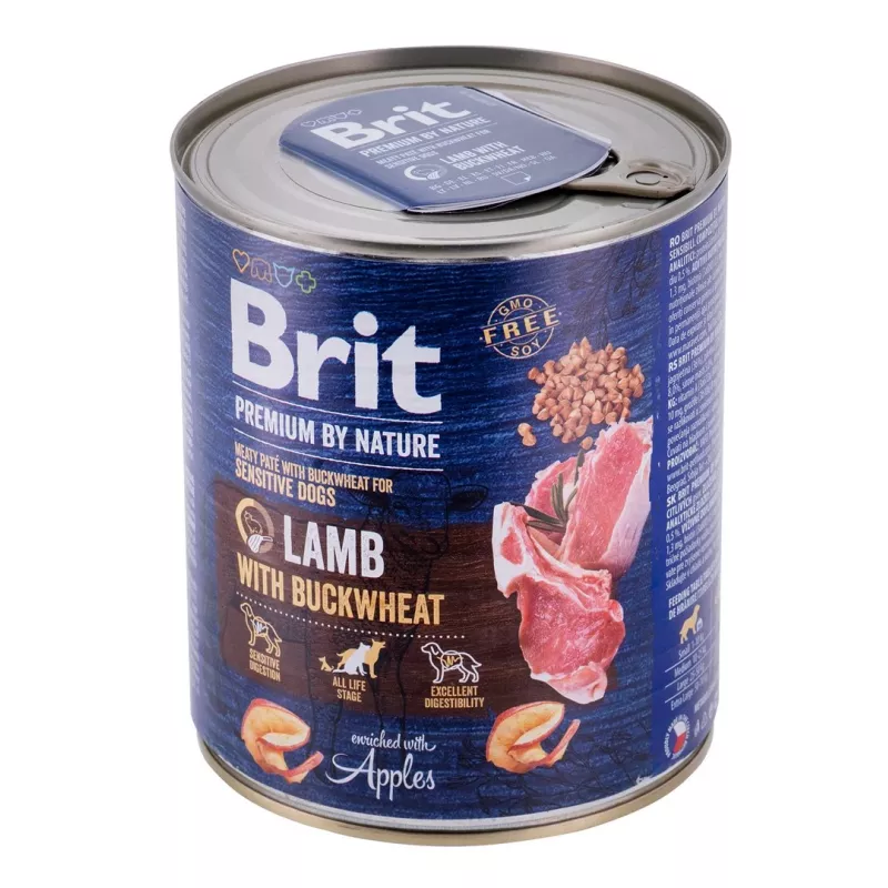 Mitrā suņu barība Brit Premium by Nature ar jēru un griķiem 800 g, bez graudiem, pieaugušiem suņiem, kanna