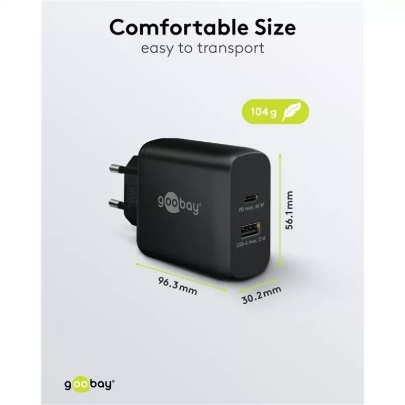 USB-C divkāršais ātrais lādētājs, PD, GaN, 65 vati (melns, 1x USB-C, 1x USB-A, Power Delivery)