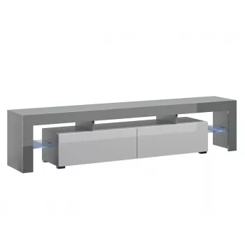 TV statīvs Cama Meble TORO 200 — 2000×350×410 mm, pelēka virsma no skaidu plātnes, pelēks/balts spīdums