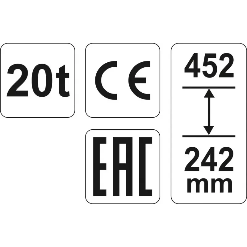 Mehāniskais domkrats YATO YT-17007, 20 000 kg celtspēja, pacēlums 24,2–45,2 cm, virzulis 150 mm, galva Ø45 mm, svars 10,5 kg