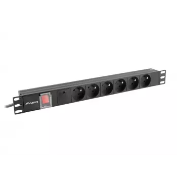 Strāvas sadales bloks LANBERG PDU-06E-0200-BK — 6 x E tipa rozetes, 16 A, 2 m kabelis, 1U statne, 220–250 V