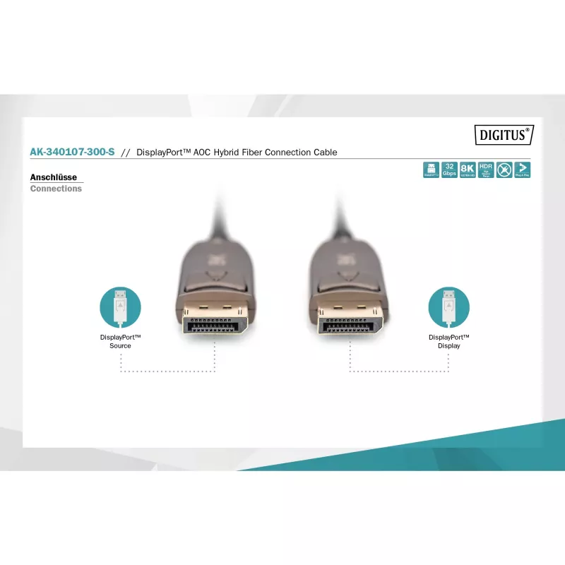 DisplayPort AOC hibrīda optiskās šķiedras kabelis, UHD 8K (melns, 30 metri)