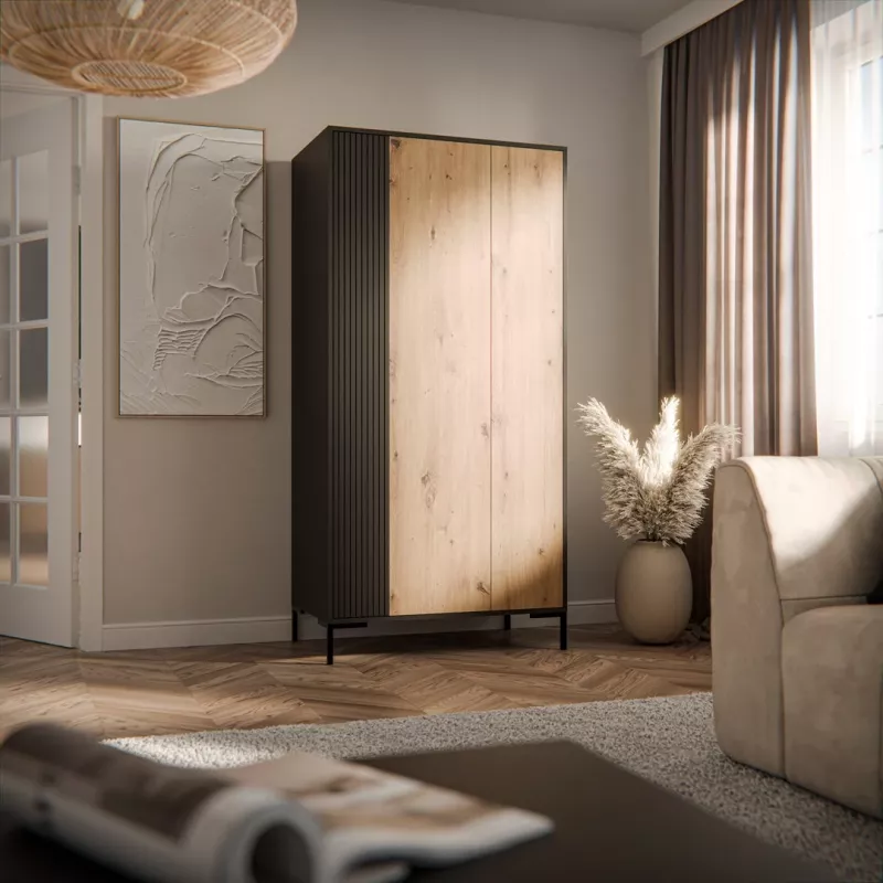 Garderobe cama meble Cama v, melns rāmis, 4 plaukti, 900×550×1840 mm