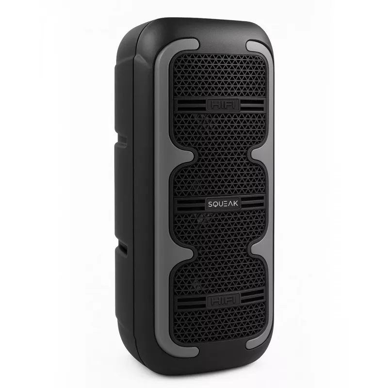 Pārnēsājams stereo skaļrunis SQUEAK SQ1009 — Bluetooth 5.3, 45 W RMS, 10 stundu akumulators, FM, USB, AUX, LED, 1800 mAh, melns