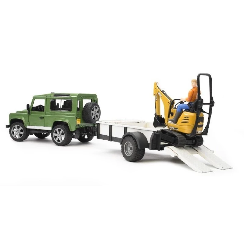 Rotaļlietu transportlīdzeklis BRUDER Land Rover Defender ar piekabi CAT un vīriņu