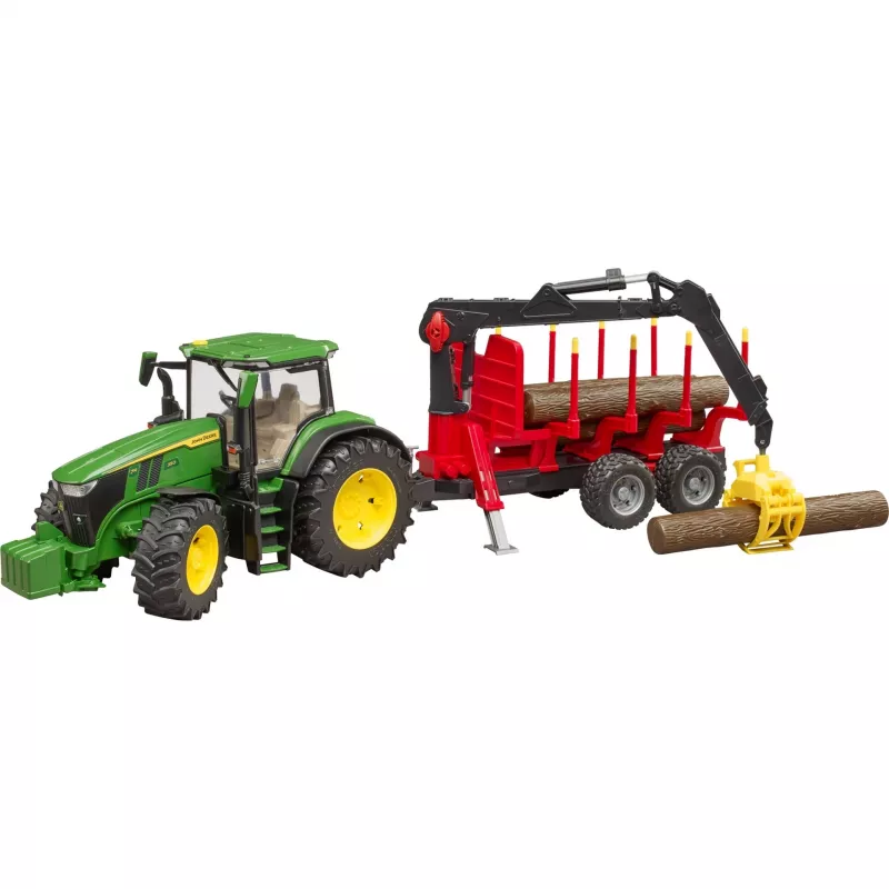 BRUDER John Deere 7R 350 ar mežsaimniecības piekabi un 4 stumbriem