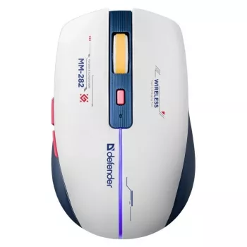Bezvadu spēļu pele DEFENDER MM-282 RF — piemērota abām rokām, optiska, 1800 DPI, 5 pogas, USB, darbināma ar baterijām