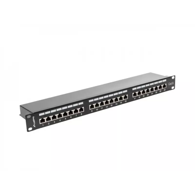 Patch panel 1U LANBERG PPS6-1024-B, 24-portu Cat6, metāla, melns, 442×114.5×44.5 mm