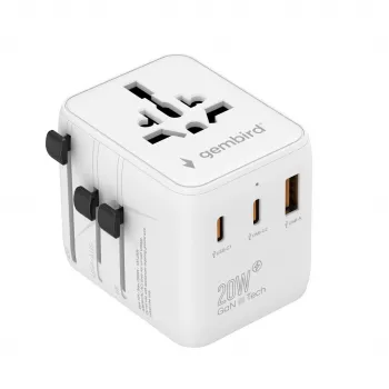 Ceļojumu strāvas adapteris GEMBIRD TPA-1A2C20-01-W — 20 W, USB-A (18 W) + 2× USB-C (20 W), E tipa spraudnis, balts
