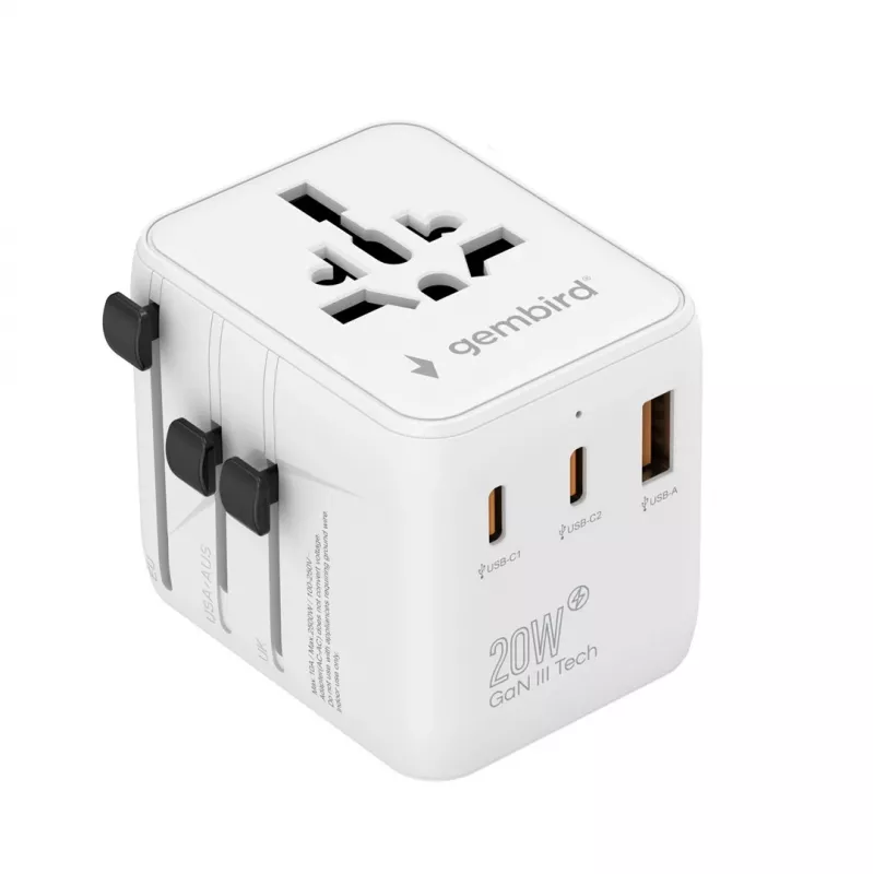 Ceļojumu strāvas adapteris GEMBIRD TPA-1A2C20-01-W — 20 W, USB-A (18 W) + 2× USB-C (20 W), E tipa spraudnis, balts