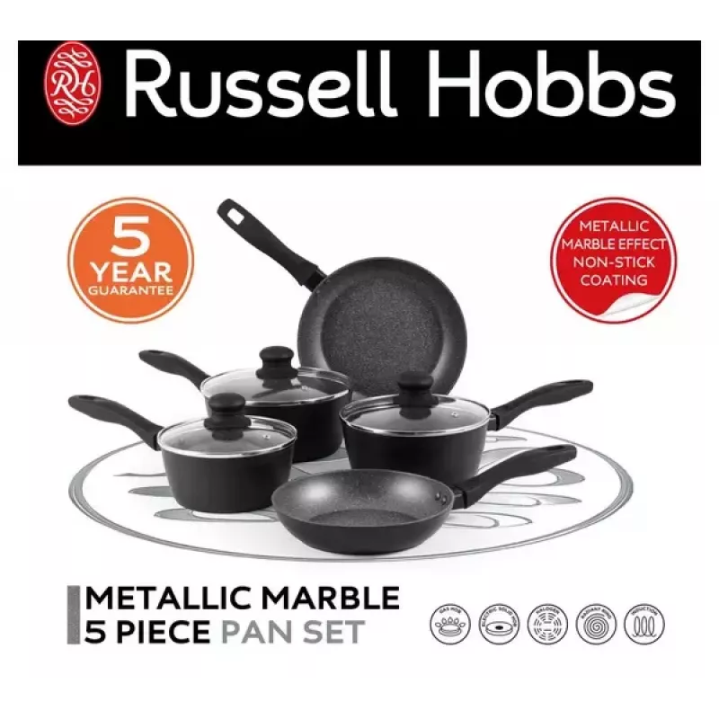 Piecu gabalu Russell Hobbs pannu komplekts Metallic Marble RH02814EU7 — nepiedegošs pārklājums, dažādi izmēri