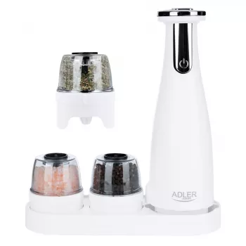 Burr sāls un piparu dzirnaviņu komplekts Adler AD 4449W Steel balta, keramiskas dzirnakmeņi, 150 ml, USB-C uzlādējams