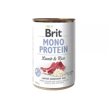 Mitrā suņu barība Brit MONO PROTEIN Jērs ar rīsiem 400 g — kārba, pieaugušiem suņiem, viens proteīns, bez konservantiem
