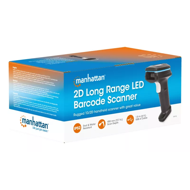 Manhattan 2D tāldarbības LED svītrkodu skeneris, USB, 450 mm skenēšanas dziļums, maks. apkārtējā gaisma 100 000 luksi (saules gaisma), atbalsta simboloģijas — 1D (21 versija) un 2D (10 versijas), skenera RJ45–USB 1,8 m kabelis (populārākais tips — USB-A), melns, 3 gadu garantija