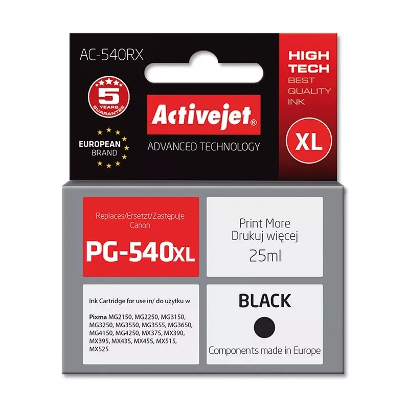 Activejet AC-540RX tintes kasetne (aizstāj Canon PG-540XL; Premium; 25 ml; 700 lappuses, melna)