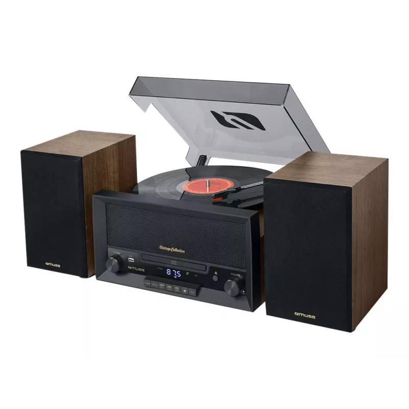 Mājas audio midi sistēma muse MT-120 MB — 20W RMS, 2 ceļu skaļruņi, maiņstrāva 100–240V 50/60Hz, melns/caurspīdīgs/koka