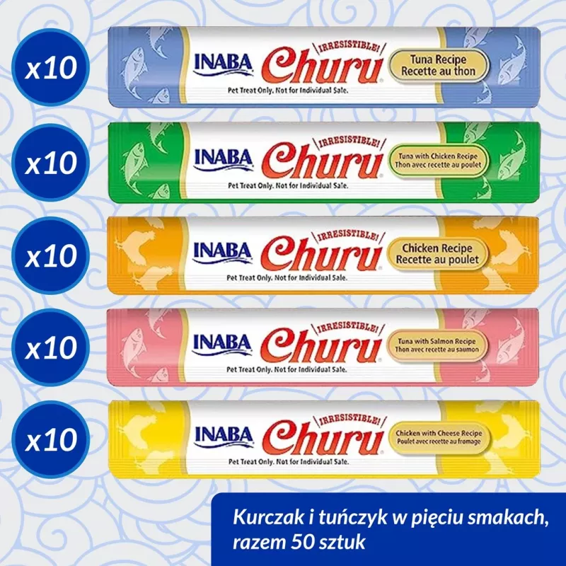 Mitras kaķu našķu pastas INABA Churu variācijas — vista un tuncis, 50 x 14 g pastas tūbiņas, bez graudiem, bez lipekļa un bez cukura