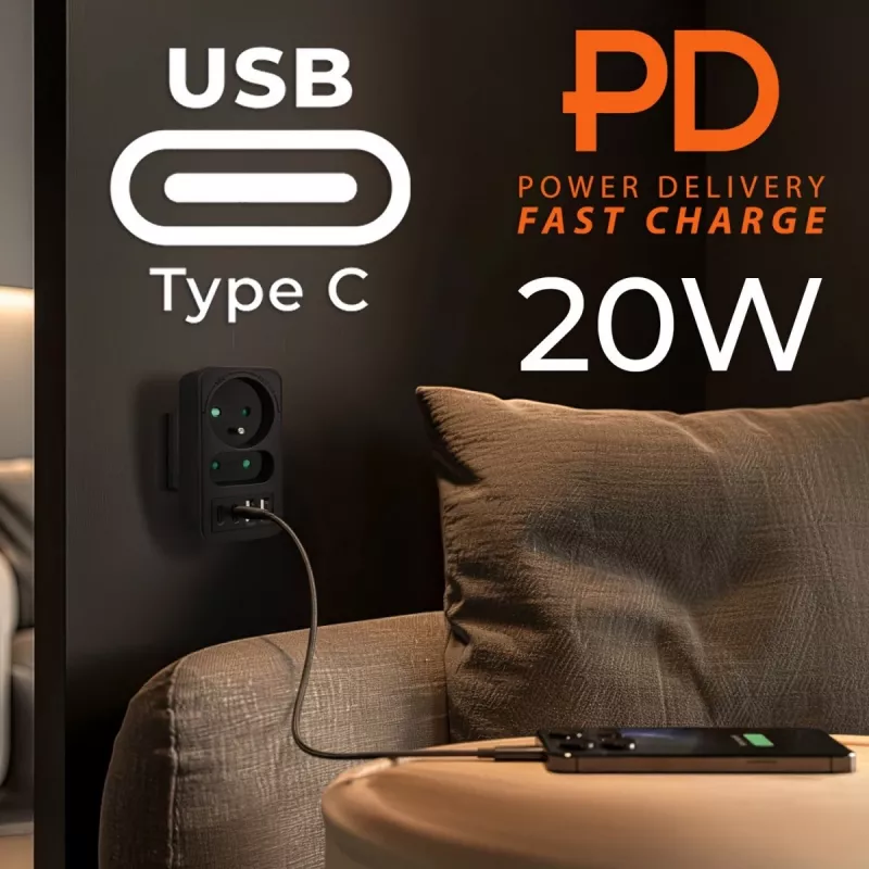 Strāvas sadalītājs MACLEAN MCE249 F/B — 2 maiņstrāvas ligzdas (16A + 6A) ar 2×USB-A un 2×USB-C PD 20W, ES spraudnis, melns