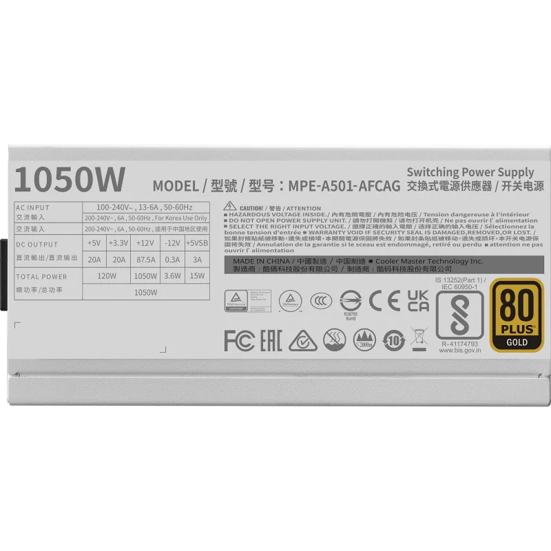 Cooler Master MPE-A501-AFCAG-3EGEU MWE Gold 1050 V2 ATX3.1 Pelēks 1050W 90% tipiskā efektivitāte (MPE-A501-AFCAG-3EGEU)