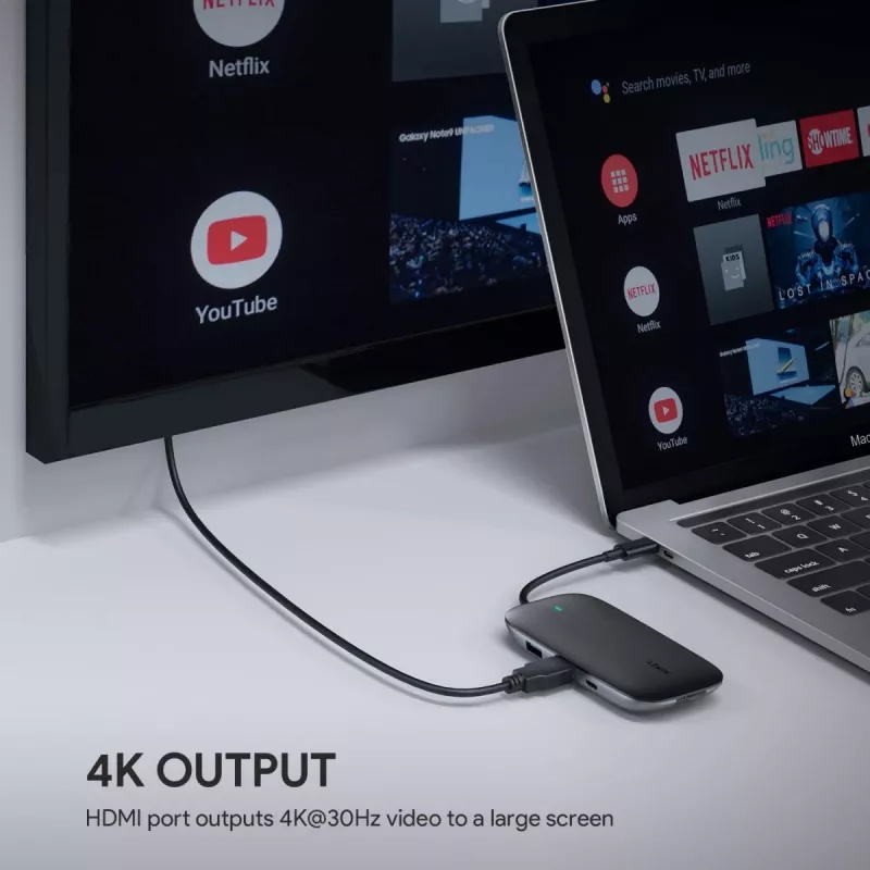 Klēpjdatora dokstacija AUKEY CB-C71 — 3x USB‑C (USB 3.2 Gen1), HDMI, RJ‑45, MicroSD, USB PD 100W, 0,15 m kabelis, melna