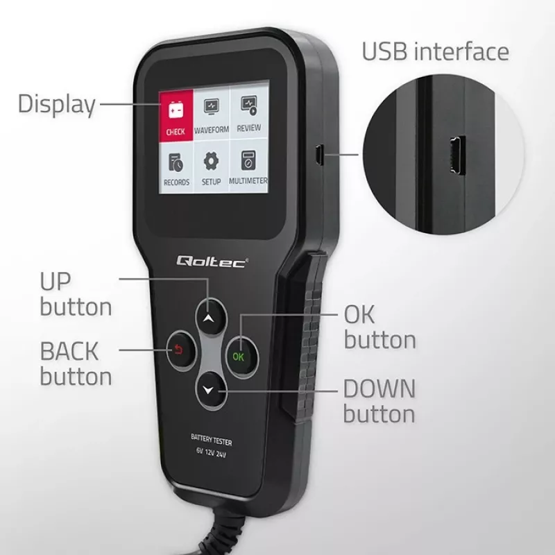 Qoltec 52489 Digitālais akumulatora analizators testētājs 3-in-1 ar LCD un daudzvalodu atbalstu 6V | 12V | 24V | 30Ah-200Ah
