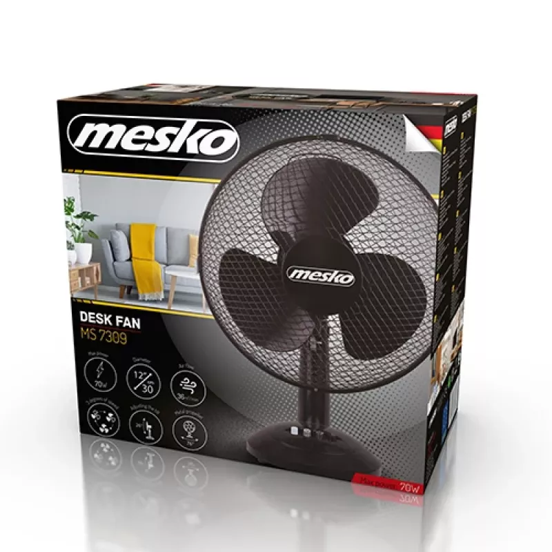 Mesko | Ventilators | MS 7309 | Galda ventilators | Melns | Diametrs 30 cm | Ātrumu skaits 3 | Svārstīšanās | 40 W | Nē