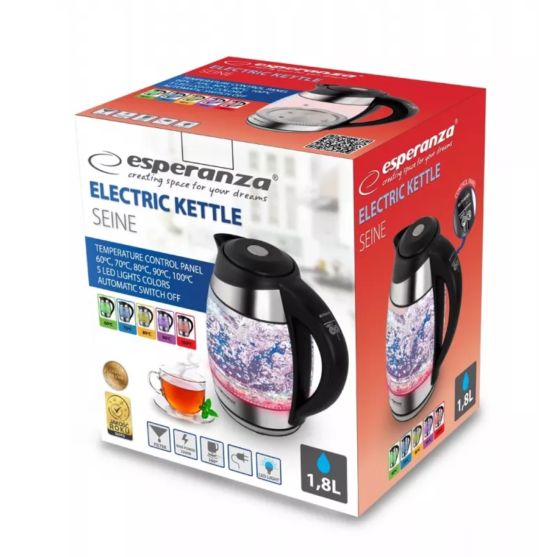 Esperanza EKK026 elektriskā tējkanna 1,7 L 2200 W Melna, Caurspīdīga