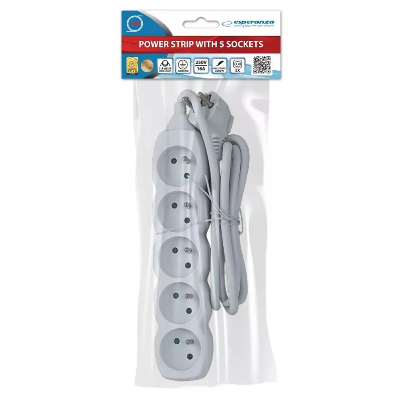 Strāvas pagarinātājs ESPERANZA ELK207W — 1,5 m kabelis, 5 E tipa maiņstrāvas ligzdas, iekštelpām, 220–250 V