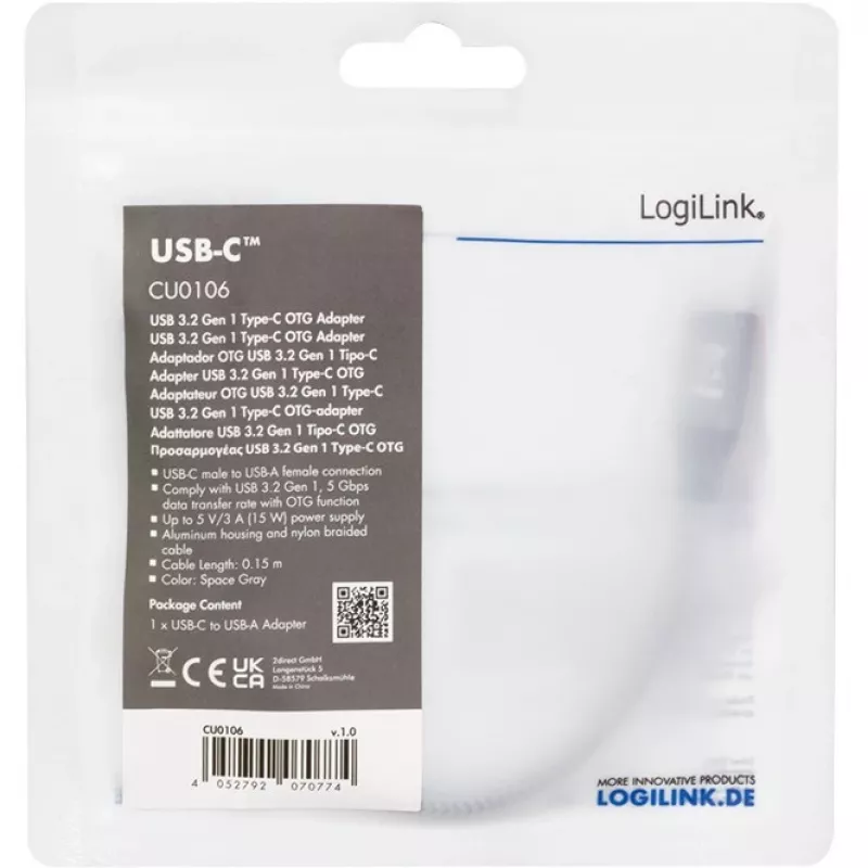 LogiLink USB 3.2 Gen1 Type-C adapteris C/M uz USB-A/S OTG alumīnija 0,15 m