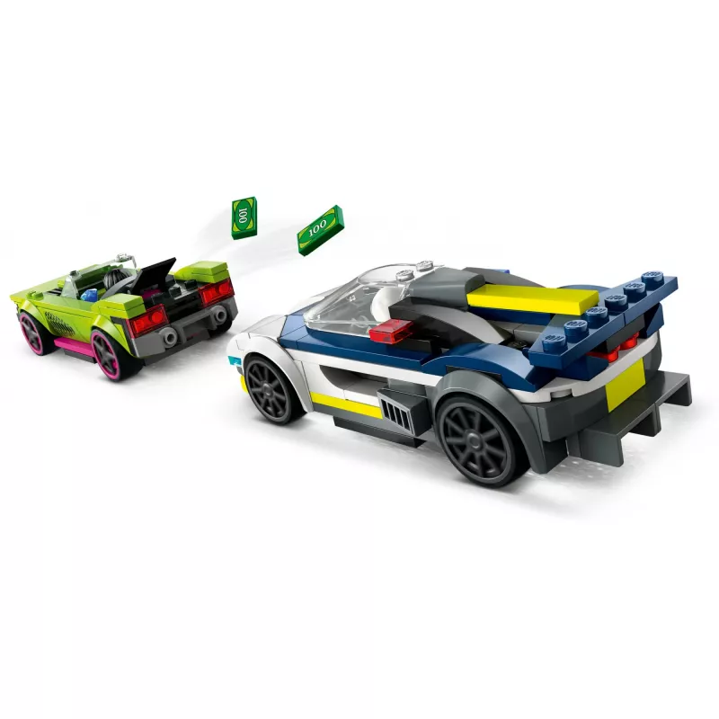 LEGO City rotaļu komplekts 60415 Policijas auto un muskuļauto pakaļdzīšanās — 213 elementi, 2 minifigūras, vecumam 6+