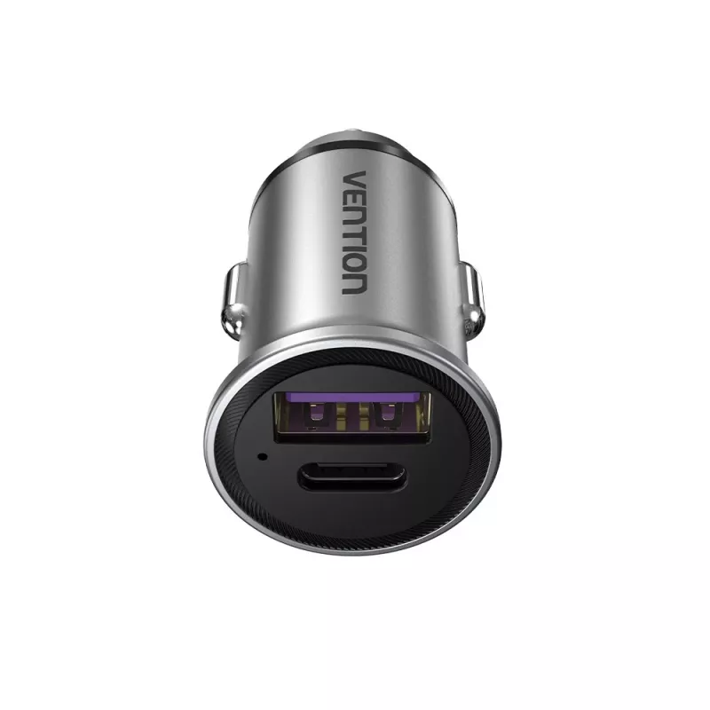 Vention divu portu USB A+A (30+30) automašīnas lādētājs pelēkā mini stilā, alumīnija sakausējums