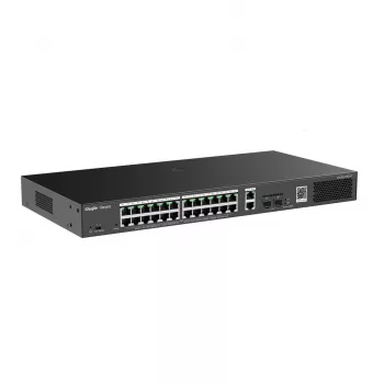 Pārvaldāms slēdzis RUIJIE RG-ES228GS-P — 26x Gigabit RJ-45, 24x PoE porti, 370 W PoE budžets, 2x SFP, metāla korpuss montāžai plauktā