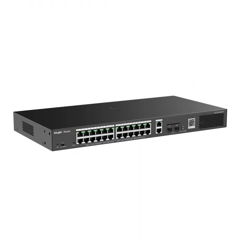 Pārvaldāms slēdzis RUIJIE RG-ES228GS-P — 26x Gigabit RJ-45, 24x PoE porti, 370 W PoE budžets, 2x SFP, metāla korpuss montāžai plauktā