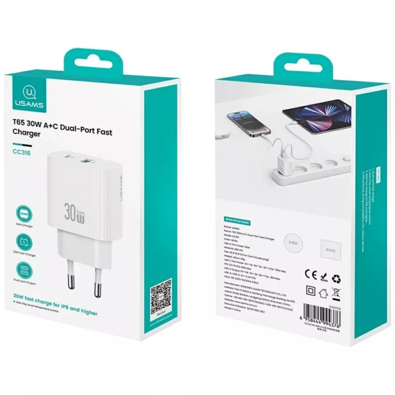Lādētājs usams USA001632 30W 1×USB-C 1×USB-A ātrā uzlāde