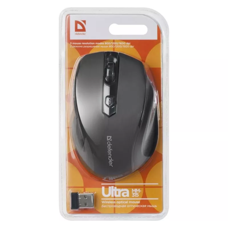 Bezvadu RF optiskā labās rokas pele DEFENDER ULTRA MM-315 — 1600 DPI, 6 pogas, USB uztvērējs, melna