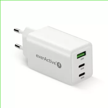 Strāvas lādētājs everActive SQ-655Q 65W, 1×USB-A + 2×USB-C ātra uzlāde