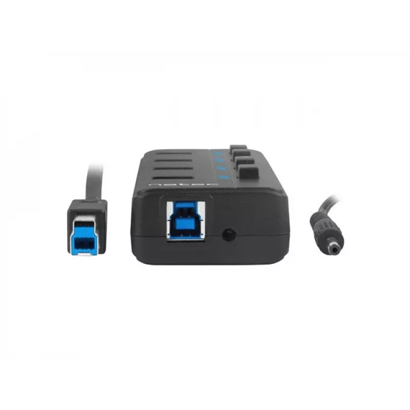 USB centrmezgls NATEC MANTIS USB 2.0 Type-B — 4x USB 3.2 Gen 1 Type-A porti, melns, 0,8 m kabelis, maiņstrāvas adapteris, barošanas slēdzis